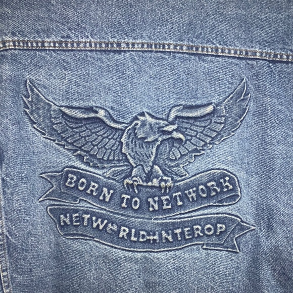 Eagle embossed “Born to Network” denim jacket Sz XL “Networld+Interop” - Picture 1 of 10